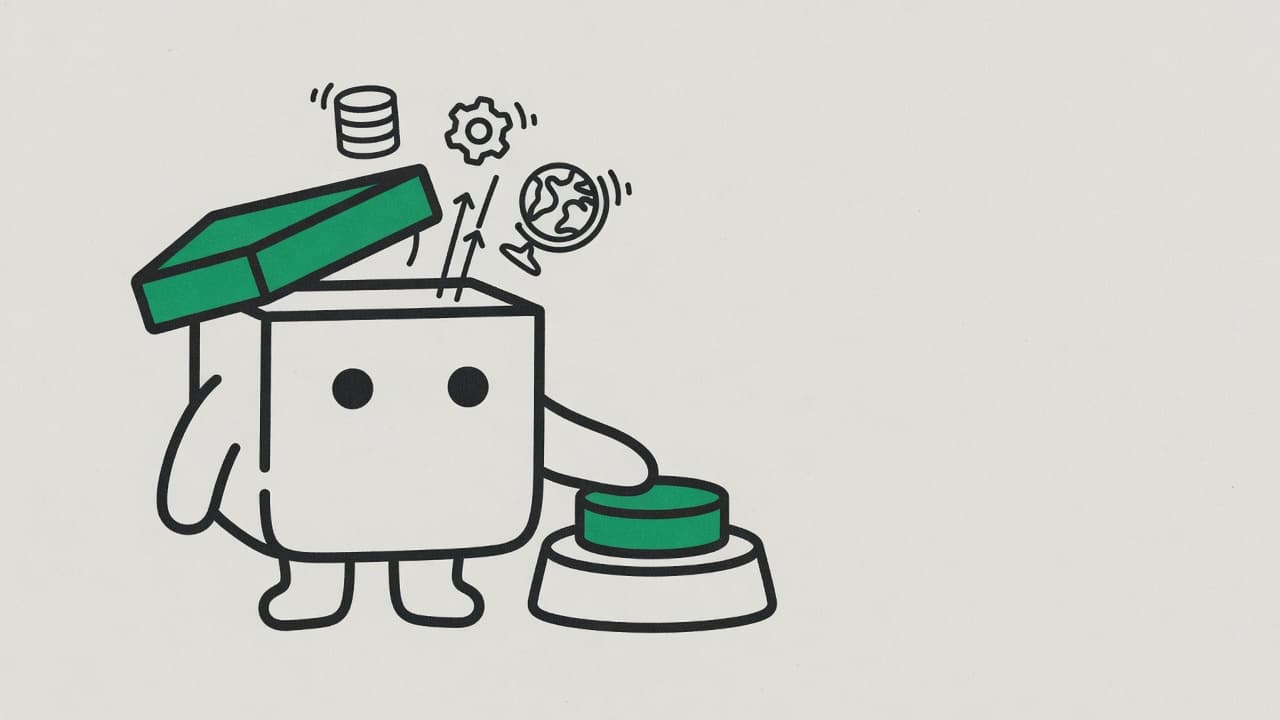 Kit the box mascot presses a big green button and its lid pops open as a database, a gear and a globe rise out of it