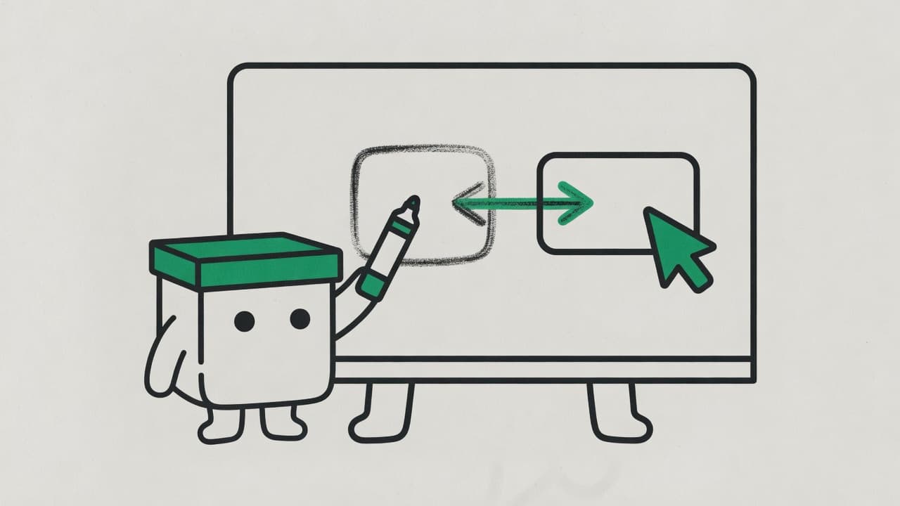 Kit the box mascot draws a box on a whiteboard while a green cursor draws a second box, their arrows meeting in the middle