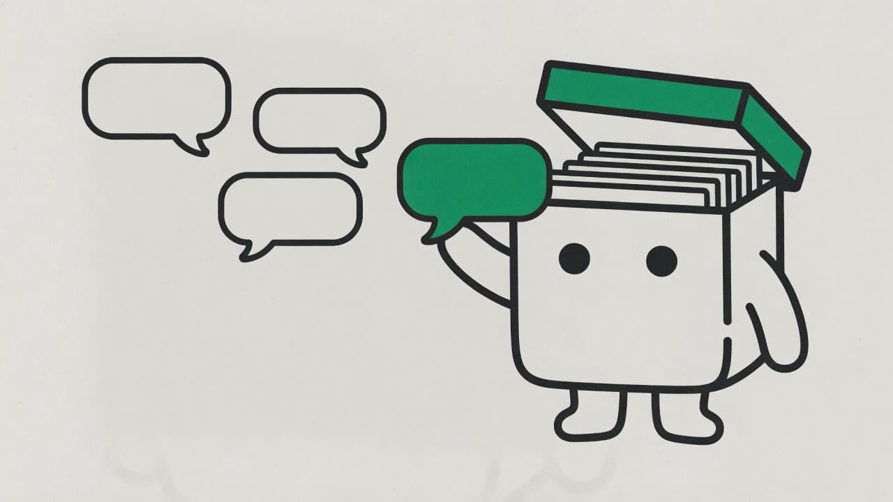 Kit the box mascot holds its lid open and files a green chat bubble inside itself, next to a queue of empty speech bubbles