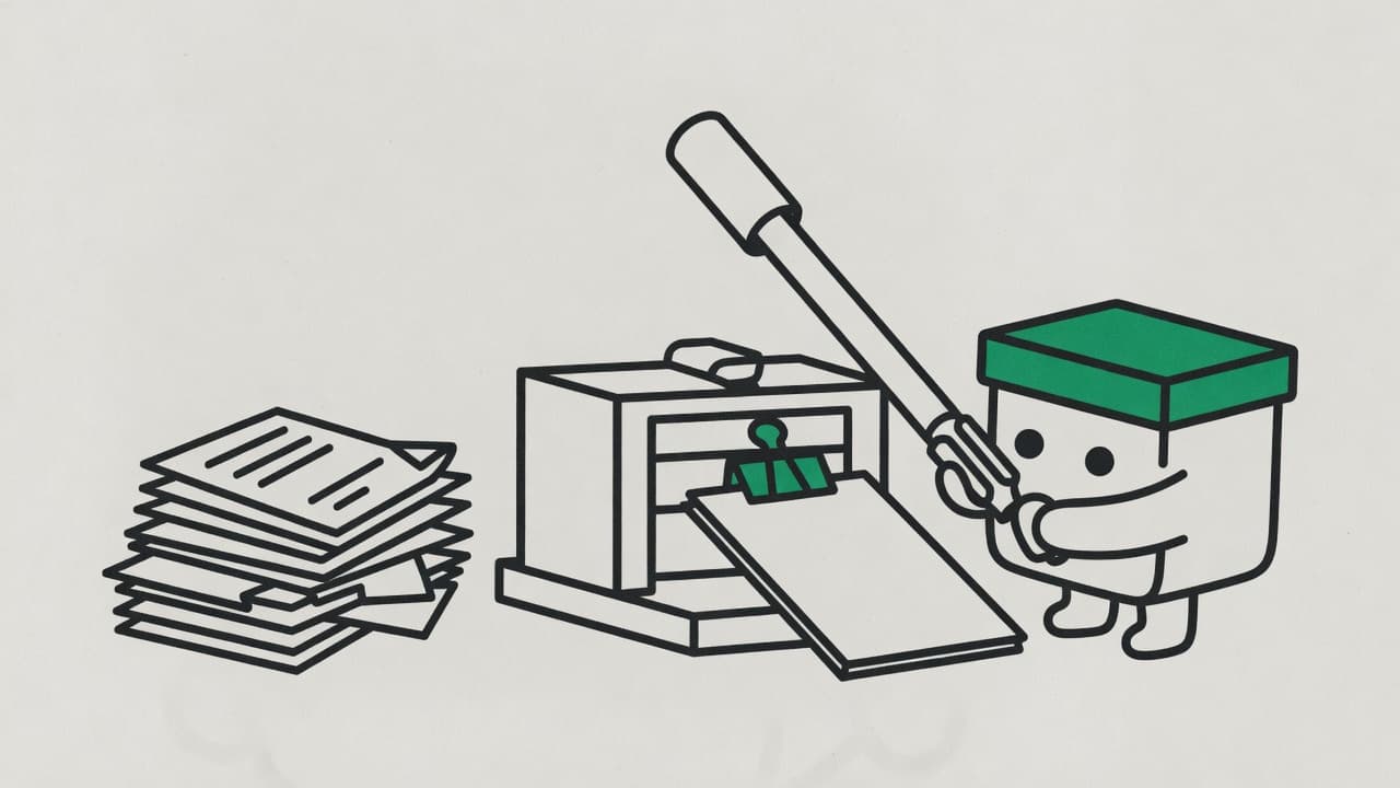 Kit the box mascot pulls down the lever of a desk press that turns a messy pile of pages into one neat clipped document
