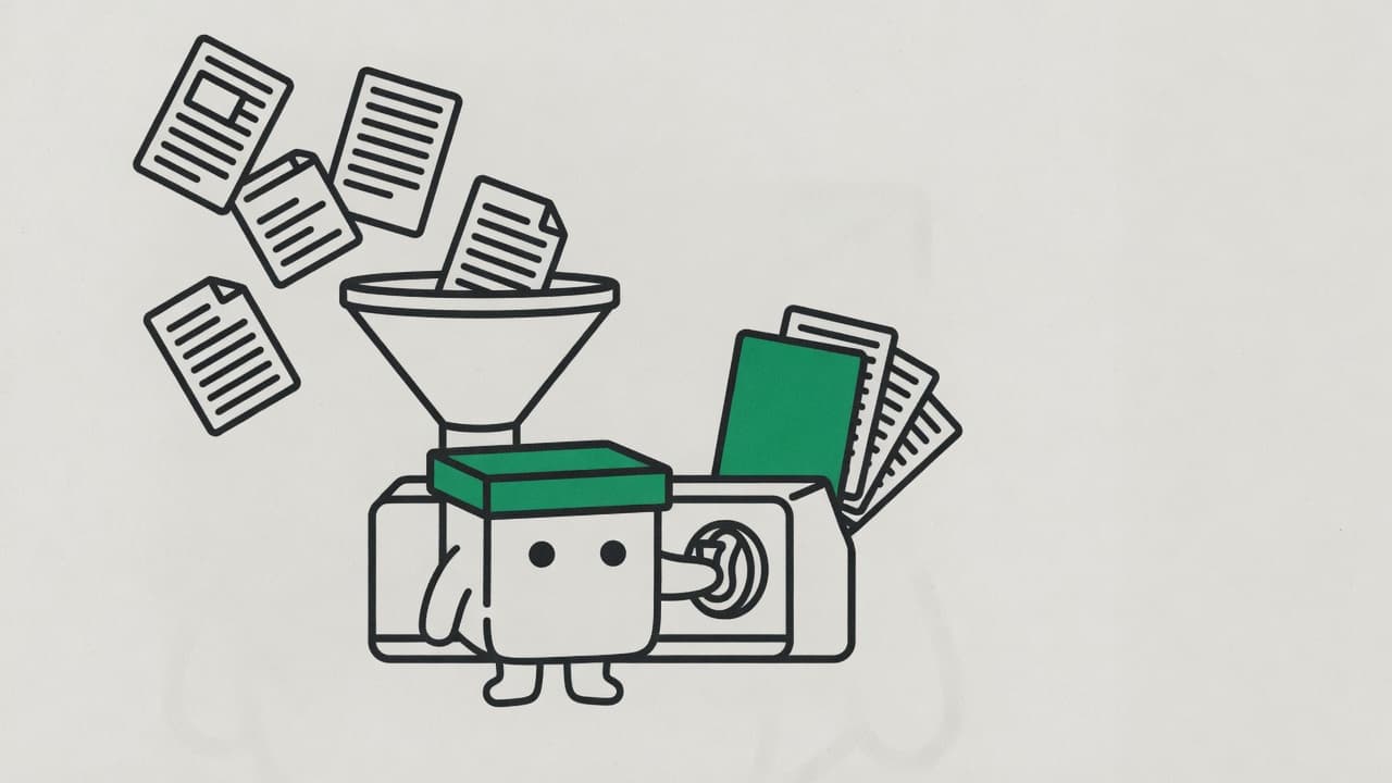 Kit the box mascot cranks a funnel machine that turns a flurry of web pages into one green answer card with its source pages attached